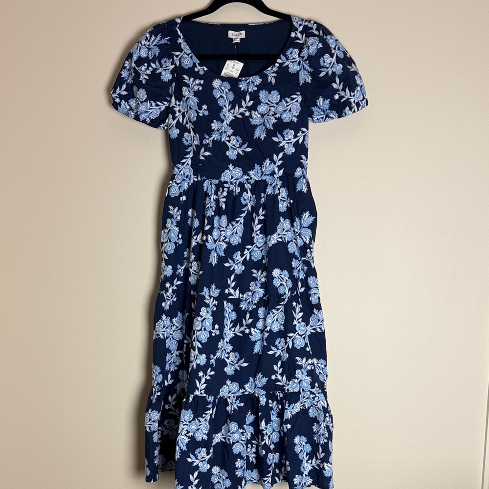 J. Crew Women's Navy Blue White Floral Print Short Sleeve Dress Size 00 NWT